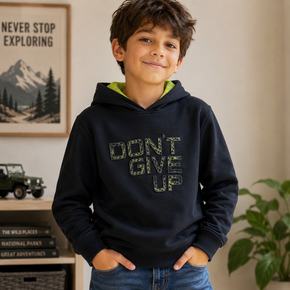 LC Waikiki Boys 11Y Black Dont Give Up Graphic Hoodie Neon Yellow Pullover